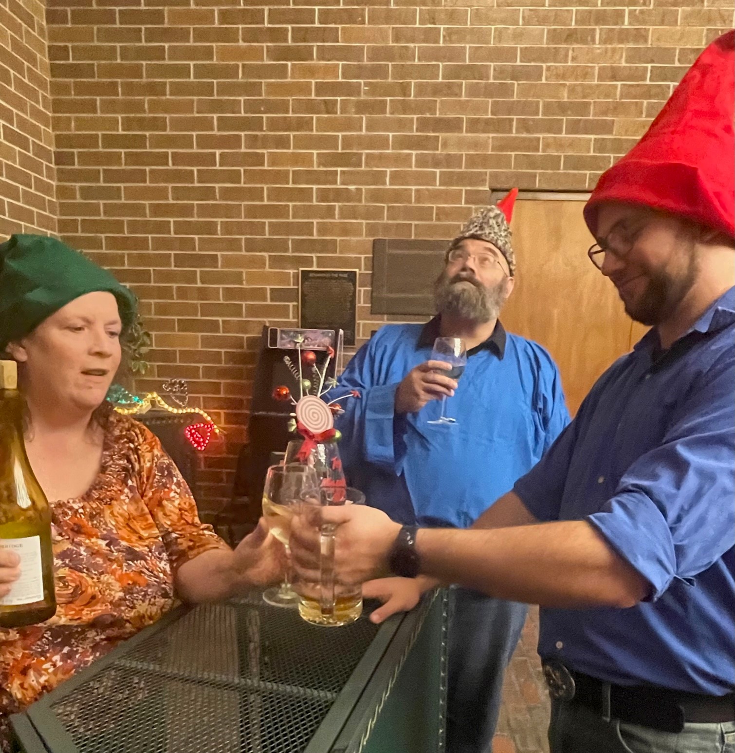 Gnomes at a bar with wine