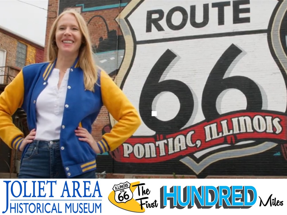 Women in front of Route 66 mural in Pontiac, IL for the First Hundred Miles of Route 66