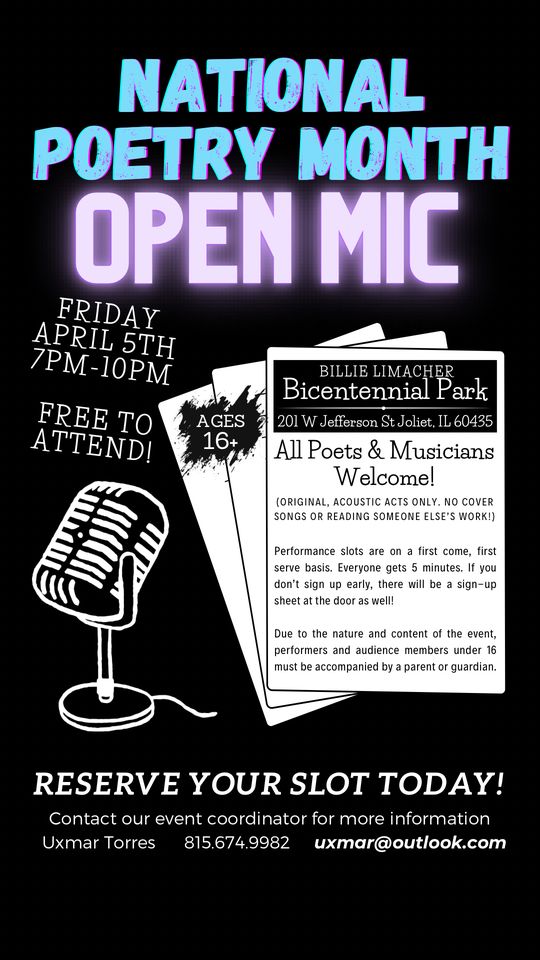 National Poetry Month Open Mic at Bicentennial Park for poets and acoustic musicians