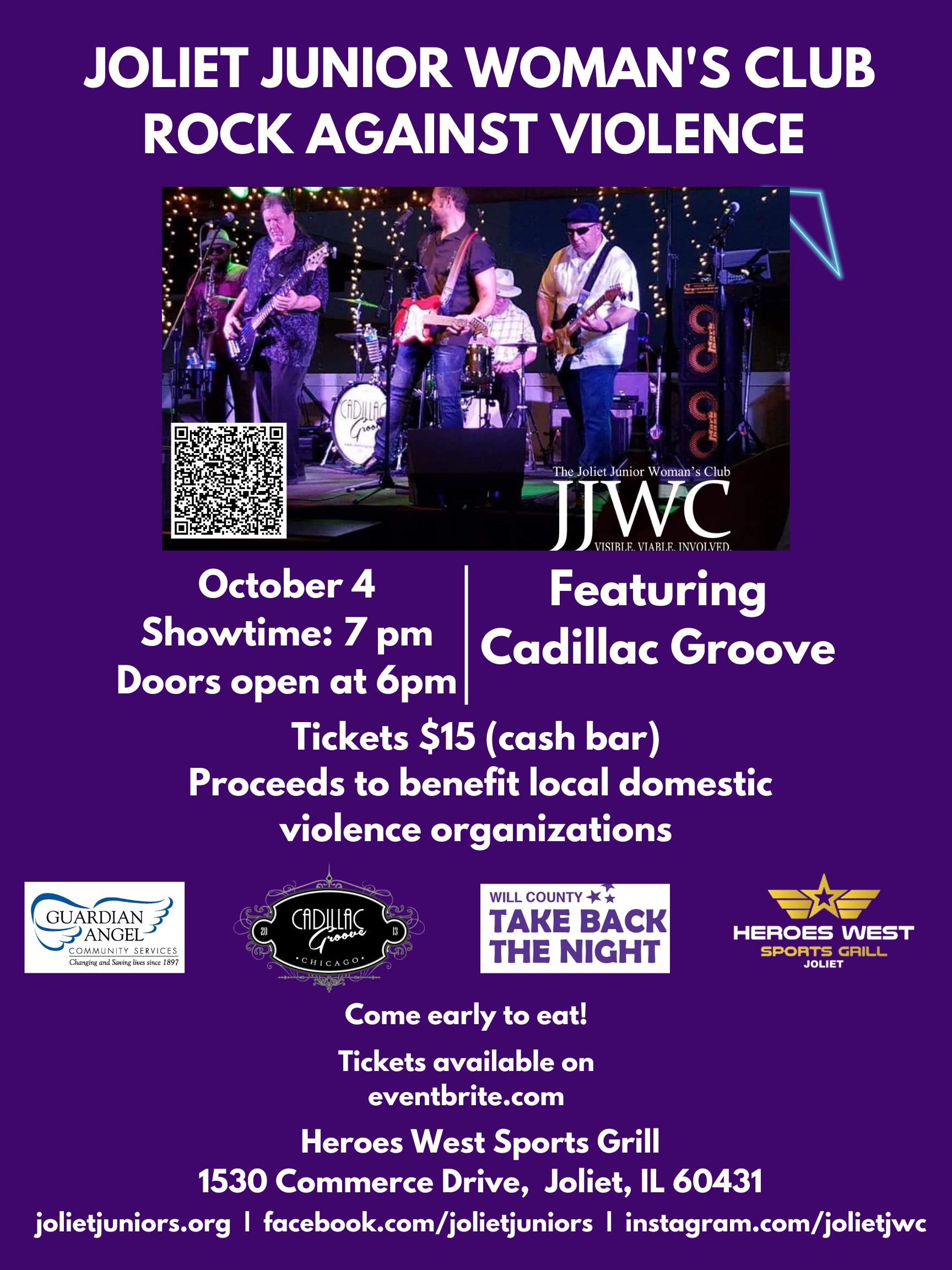 Joliet Junior Women's Club Rock Against Violence October 4 7PM Heroes West Sports Grill Featuring Cadillac Groove