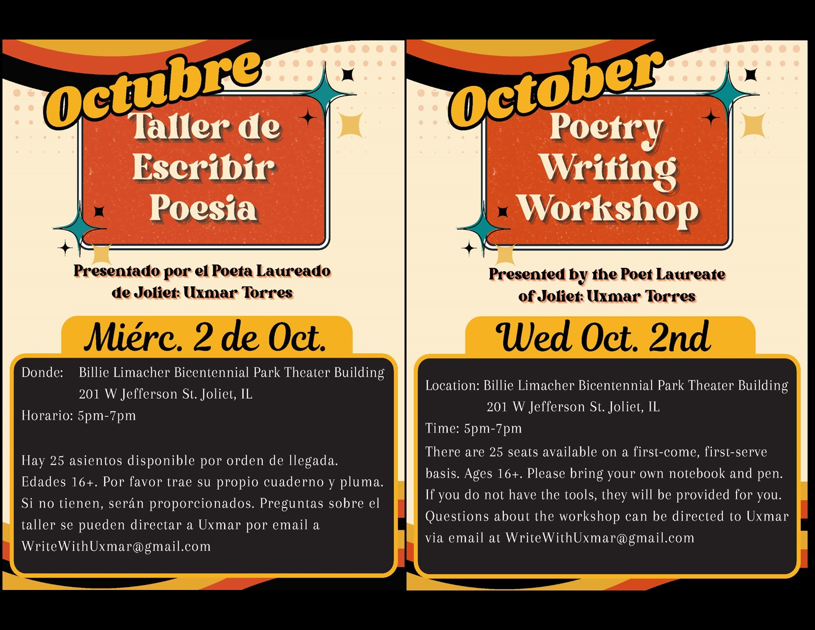 October Poetry Writing Workshop Wed. Oct 2nd presented by the Poet Laureate of Joliet Uxmar Torres